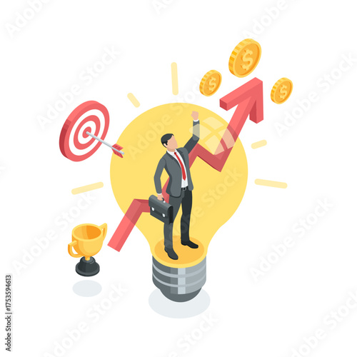 Isometric vector concept of a business man with a briefcase raising his hand standing inside a light bulb and a large arrow, in color on a white background, achieving a goal and financial success idea