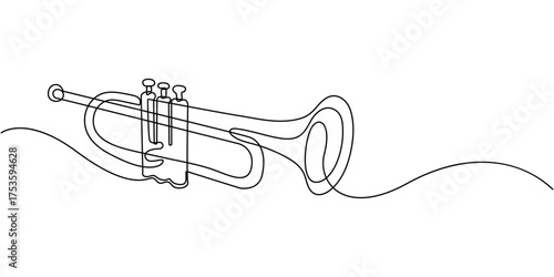 One line drawing of trumpet design. Classical jazz music instrument. Vector illustration simple continuous outline style, One single line drawing of luxury bass trombone, Musical instrument concept.