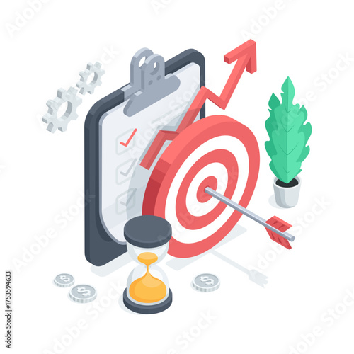 Isometric vector concept of target with arrow next to hourglass and clipboard with list, in color on white background, achieving goal and planning for success