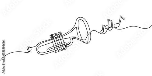 One line drawing of trumpet design. Classical jazz music instrument. Vector illustration simple continuous outline style, One single line drawing of luxury bass trombone, Musical instrument concept.