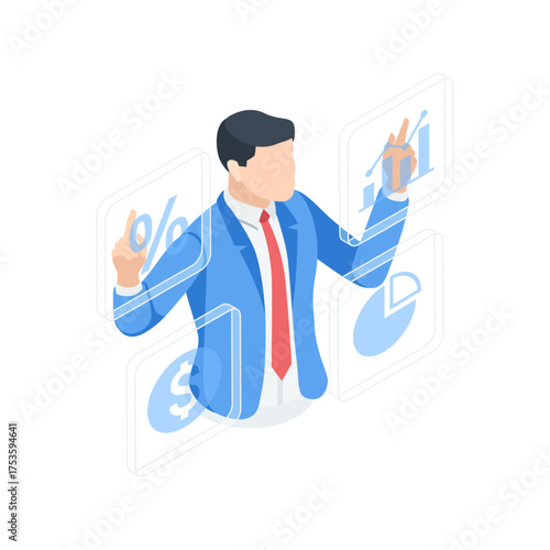 Isometric vector business man clicking on icons in transparent screen, in color on white background, processing analytical data or controlling finances