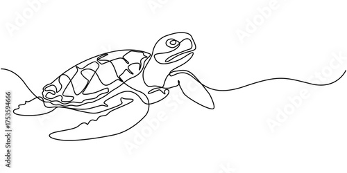 Continuous one single minimal line drawing Sea turtles. Turtle icon continuous one line drawing outline vector illustration, World Sea Turtle Day minimal banner,  World sea turtle day concept.