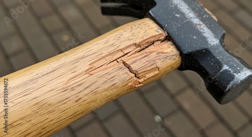Close up of a damaged hammer handle showing wood cracks and tool detail