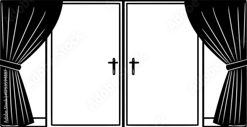 black and white illustration of a door frame with curtains, minimalist, line art, vector graphics