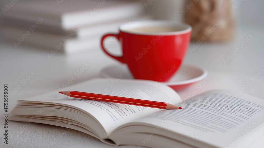 Naklejka premium Red Cup and Pencil on Open Book