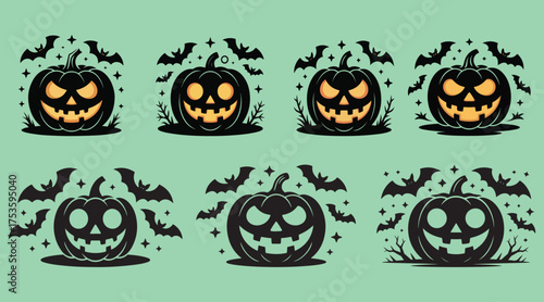 Spooky halloween jack o lantern collection with bats for festive decorations and celebrations silhouette