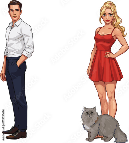 Stylish man, elegant woman, fluffy cat, fashion scene, modern lifestyle, pet companion, red dress, casual pose, character design, illustration
