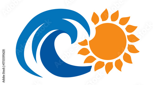Dynamic blue ocean wave and bright orange sun vector graphic. Ideal for summer, beach, tropical vacation, surf, or nature-themed designs.