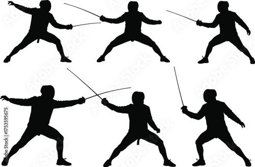 Fencing silhouettes, sword fighting sport, duel action, Olympic fencing, protective gear, foil epee sabre, martial art, athletic training, combat stance, dynamic technique