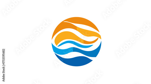 Dynamic abstract circle design with flowing orange and blue wave patterns, symbolizing water, energy, sun, and motion. Modern graphic element.
