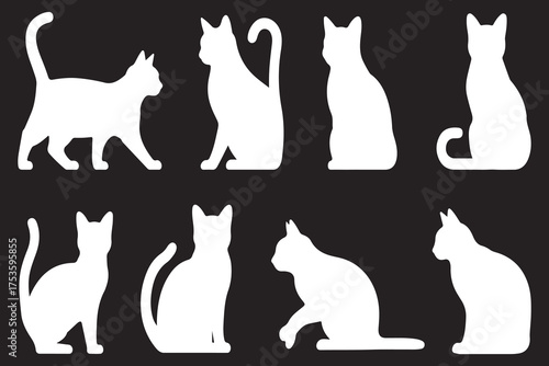 Collection of eight white cat silhouettes posed in various positions for design projects silhouette
