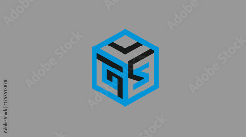 Abstract geometric cube logo design with modern blue lines and black elements on a gray background, representing digital technology concept.