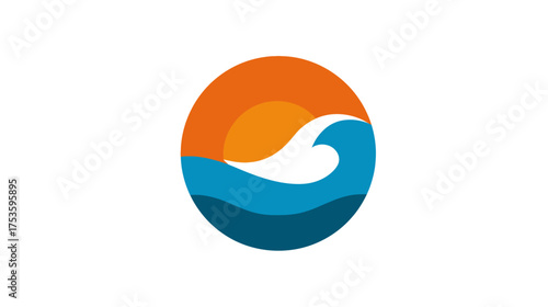 Stylized sun and ocean wave icon in a circular design, representing summer, beach, and travel. Modern graphic illustration.