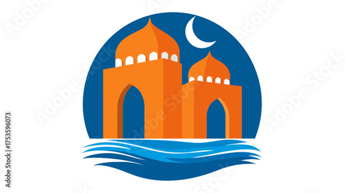 Flat design vector illustration of orange domed buildings with a crescent moon over blue water, symbolizing Islamic culture, travel, or spiritual serenity.