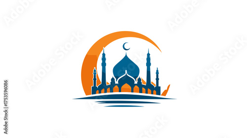 Stylized mosque silhouette with crescent moon, an elegant icon for Islamic religion, culture, and spirituality.