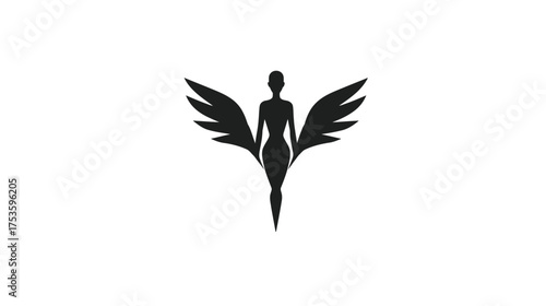 Elegant black silhouette of a stylized winged female figure, abstract graphic icon design element on a clean white background.