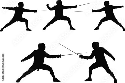 Fencing silhouettes, sword fighting sport, duel action, protective gear, foil epee sabre, martial art, competition stance, athletic training, combat technique, Olympic fencing
