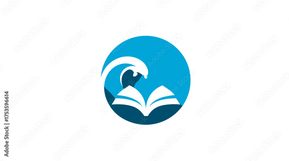 Fototapeta premium Abstract graphic logo: Open book with blue ocean wave, symbolizing education, knowledge, learning, wisdom, discovery, and literature.
