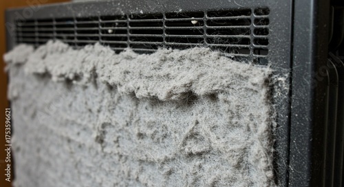 Close up of a dirty air vent covered in thick gray dust and debris