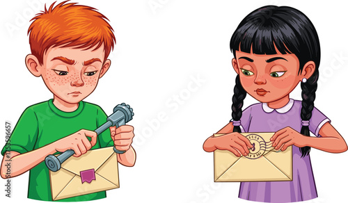 Children sealing envelopes, cartoon secret message scene, playful mystery moment, wax stamp behavior, confidential communication illustration, expressive child activity