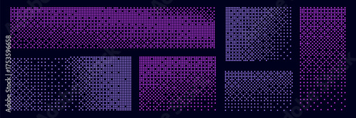 Set of pixel transform effect with halftone dot pattern. Purple mosaic frames with square shapes, abstract disintegration. 8bit art backgrounds with explosion and geometric elements.