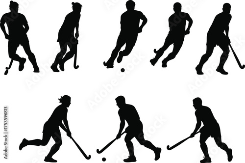 Field hockey silhouettes, sport action, player motion, stick control, dribbling technique, athletic training, competition scene, outdoor game, recreation activity, dynamic movement