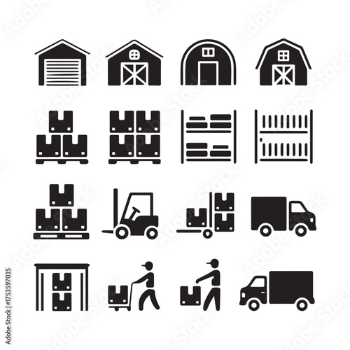 warehouse logistics icons vector set ai eps jpeg png storage racks forklifts delivery trucks supplychain symbols