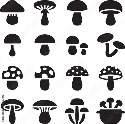 stylized mushroom icon set 16 vector silhouettes black and white mushrooms for logos labels and web use ai eps png jpg