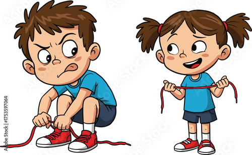Children tying shoelaces, cartoon footwear scene, playful vs frustrated behavior, emotional contrast illustration, morning routine moment, expressive child activity