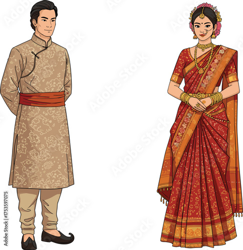 Traditional Indian wedding couple, ethnic fashion, cultural ceremony, red saree, beige sherwani, jewelry, festive attire, bridal look, groom style, celebration