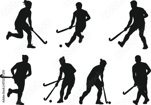 Field hockey silhouettes, sport action, player motion, stick control, dribbling technique, athletic training, competition scene, recreation activity, dynamic movement, outdoor game