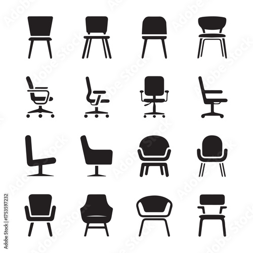 black silhouette chair pack 16 variations including office swivel dining lounge armchair vector eps ai