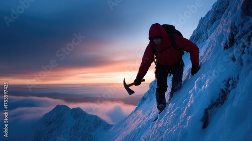 Mountaineer climbing a steep snowy mountain slope during sunset