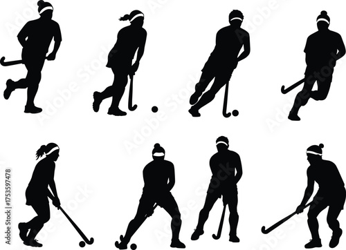Field hockey silhouettes, sport action, player motion, stick control, dribbling technique, athletic training, competition scene, recreation activity, outdoor game, dynamic movement