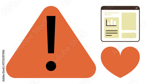 Orange triangle with exclamation mark, heart symbol, and web layout element. Ideal for safety, warning, love, care, digital health precautions user experience. Simple flat metaphor