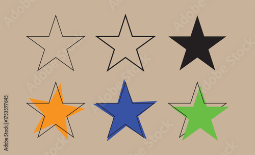 Six stars in various colors and styles on a brown background