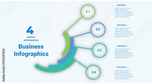 business infographic with four circular steps connected by curved lines, blue and green color scheme, suitable for presentation, data visualization, and marketing process design.