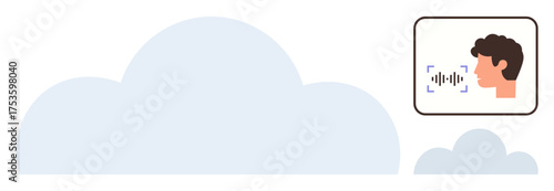 Head profile with sound waves indicating voice command in a speech recognition system, paired with minimal cloud shape. Ideal for AI, technology, cloud storage, voice control, automation, smart