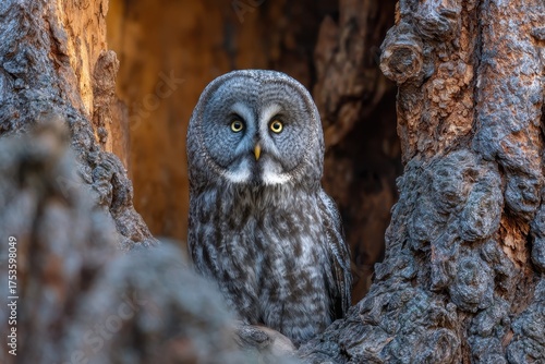 Wallpaper Mural Great grey owl with striking yellow eyes peering from a tree hollow Torontodigital.ca