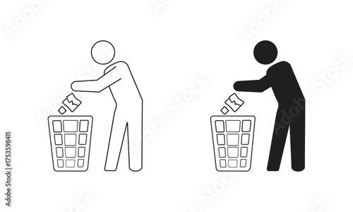 Minimalist vector illustration showing two blue human icons throwing trash into checkered bins on a clean white background