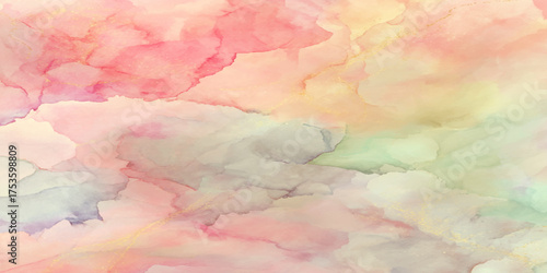 Soft pastel watercolor background with pink, yellow, and green abstract texture and gold marbling effect.