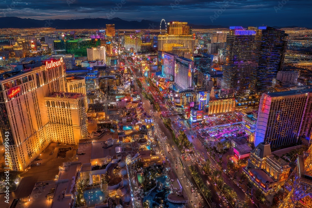 Obraz premium Aerial view of las vegas strip at night with vibrant city lights and traffic