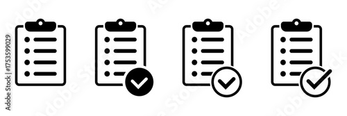 Clipboard with Checkmark Icon Set – Task List, Checklist, and Productivity Symbols, Vector Illustration