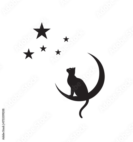 Black silhouette of a cat sitting on a crescent moon looking up at scattered stars against a white background