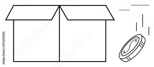Open cardboard box with coin dropping, representing finance, budgeting, donation, saving, charity, investment, and economic growth. Ideal for financial literacy resource pooling and simple flat