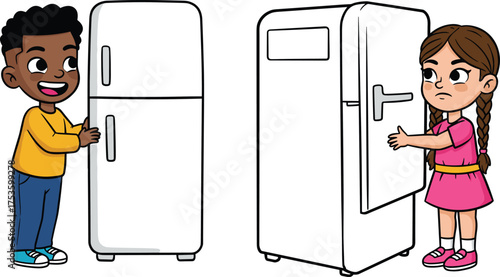 Children with refrigerators, cartoon kitchen scene, color vs black-and-white contrast, playful appliance moment, expressive behavior, home activity illustration, emotion