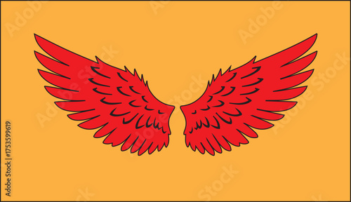 Pair of stylized red wings with black outlines on a solid orange background angel wings demon wings
