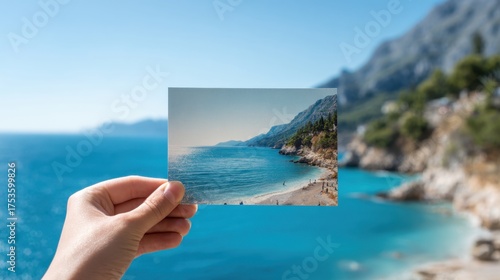 A hand holds a postcard showing a bright beach scene. The clear blue sea meets a rocky coast while distant mountains complete the picturesque view on a sunny day.