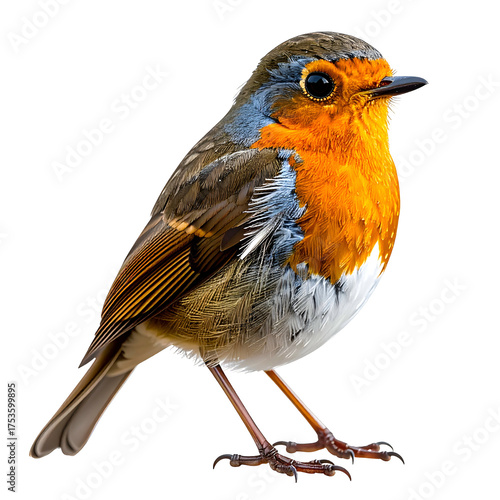Vibrant, detailed portrait of a small bird with orange breast, gray wings, and black beak, facing right
