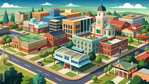 Very beautiful aerial view of Fayetteville, North Carolina, USA, showcasing the downtown business district, main street, government buildings, and the historic First Baptist Church surrounded by 